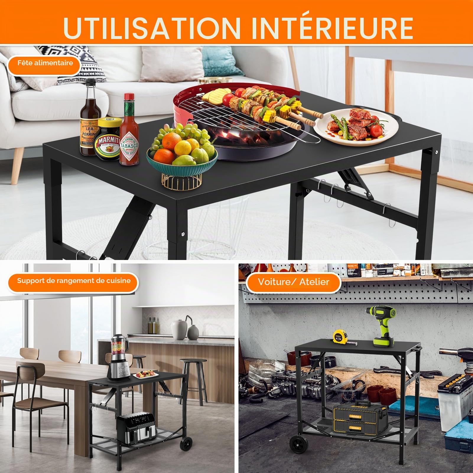 KHAMAL Chariot de barbecue pliable - Table de four à pizza portable avec roues - Table mobile pour l'extérieur, le barbecue, l'intérieur, la cuisine
