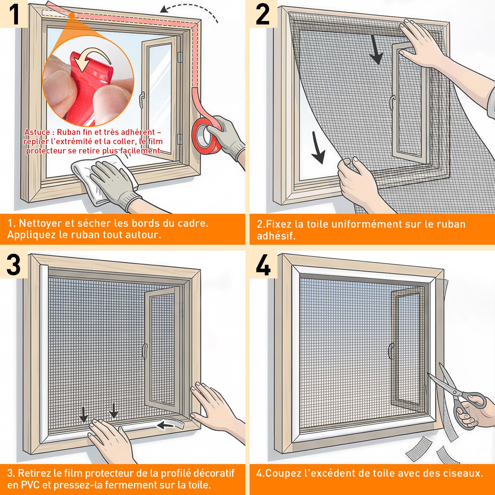 Moustiquaire Fenêtre sans Perçage, 120x130cm, Retire Sans Traces | Filet en Fibre de Verre Anti-Insectes, Résistante aux Intempéries, Bande Auto-Collante, Découpable à la Dimension Souhaitée