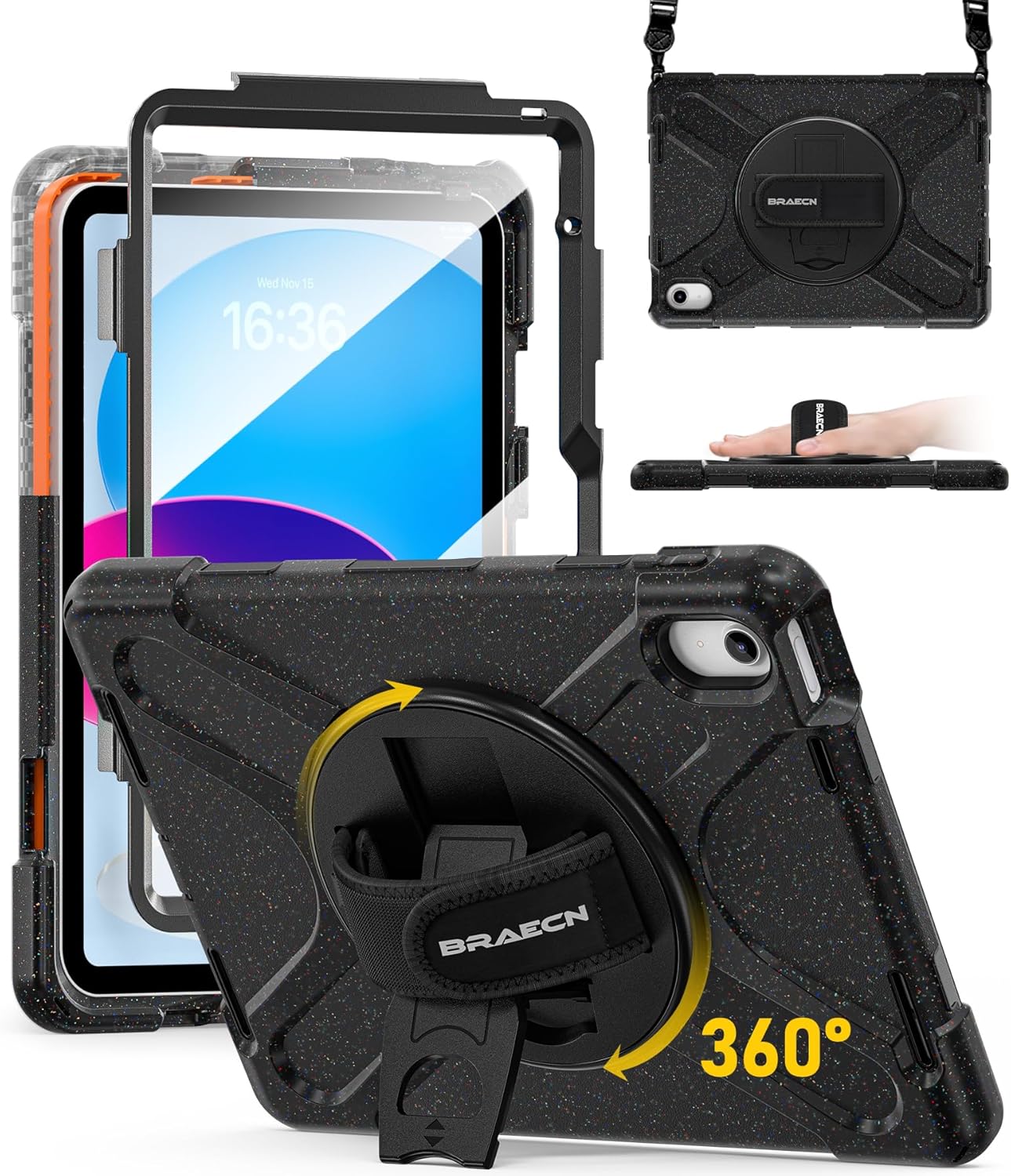 BRAECN for iPad (A16) 11th/10th Generation case 11/10.9 inch 2025/2022 Heavy Duty Shockproof Protective with Pencil Holder Screen Protector 360Rotating Stand Handle & Shoulder Strap Full Body Cover