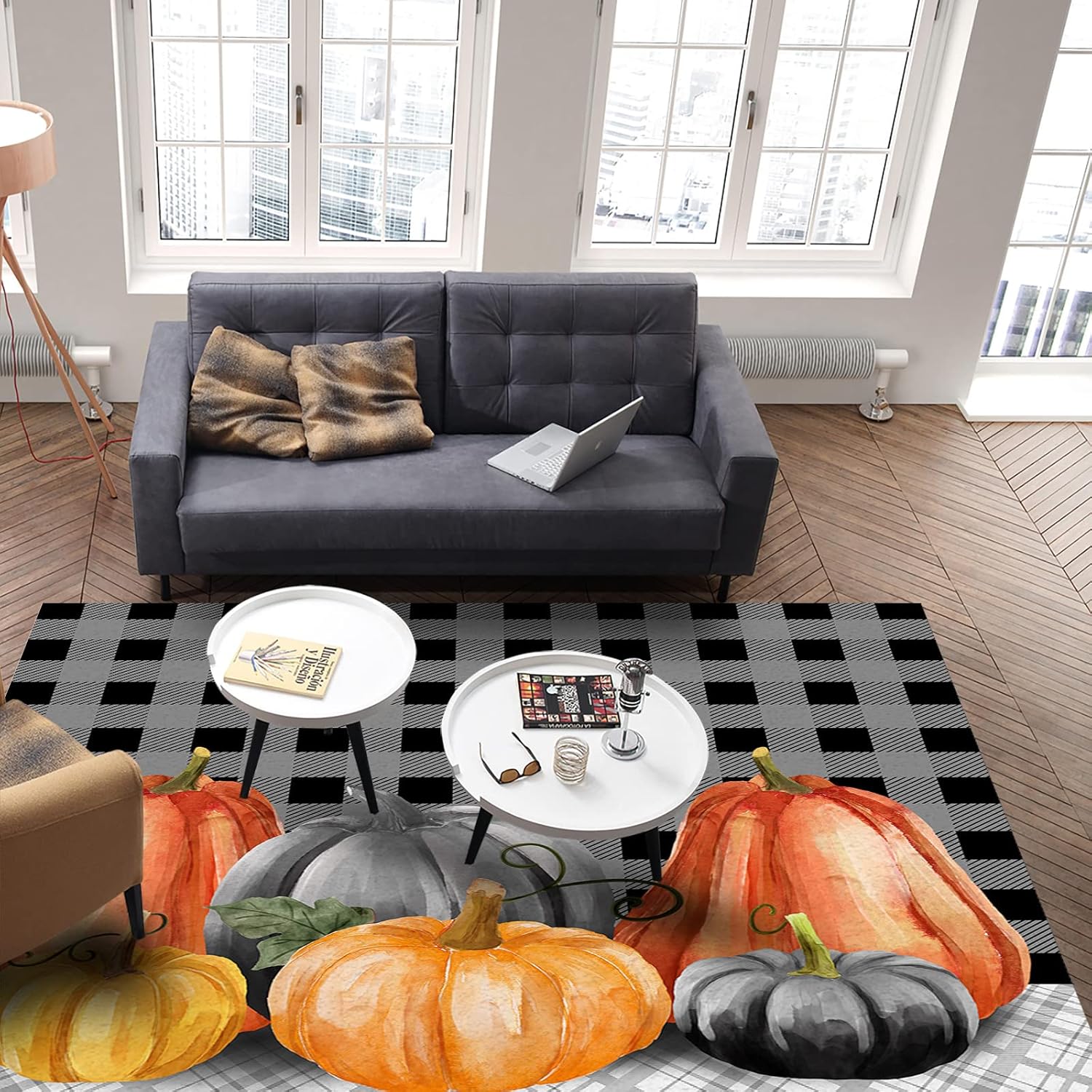 Fall Pumpkin Large Rectangular Area Rugs 2.7' x 5' Living Room, Thankgiving Rustic Black Grey Plaid Autumn Maple Leaf Durable Non Slip Rug Carpet Floor Mat for Bedroom Bedside Outdoor