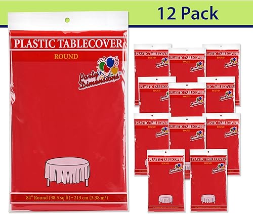 Miniatura 3 de Party Dimensions - Paquete de 12 manteles de plástico desechables rojos para mesas redondas de 84 pulgadas, manteles para fiestas, eventos y bodas,