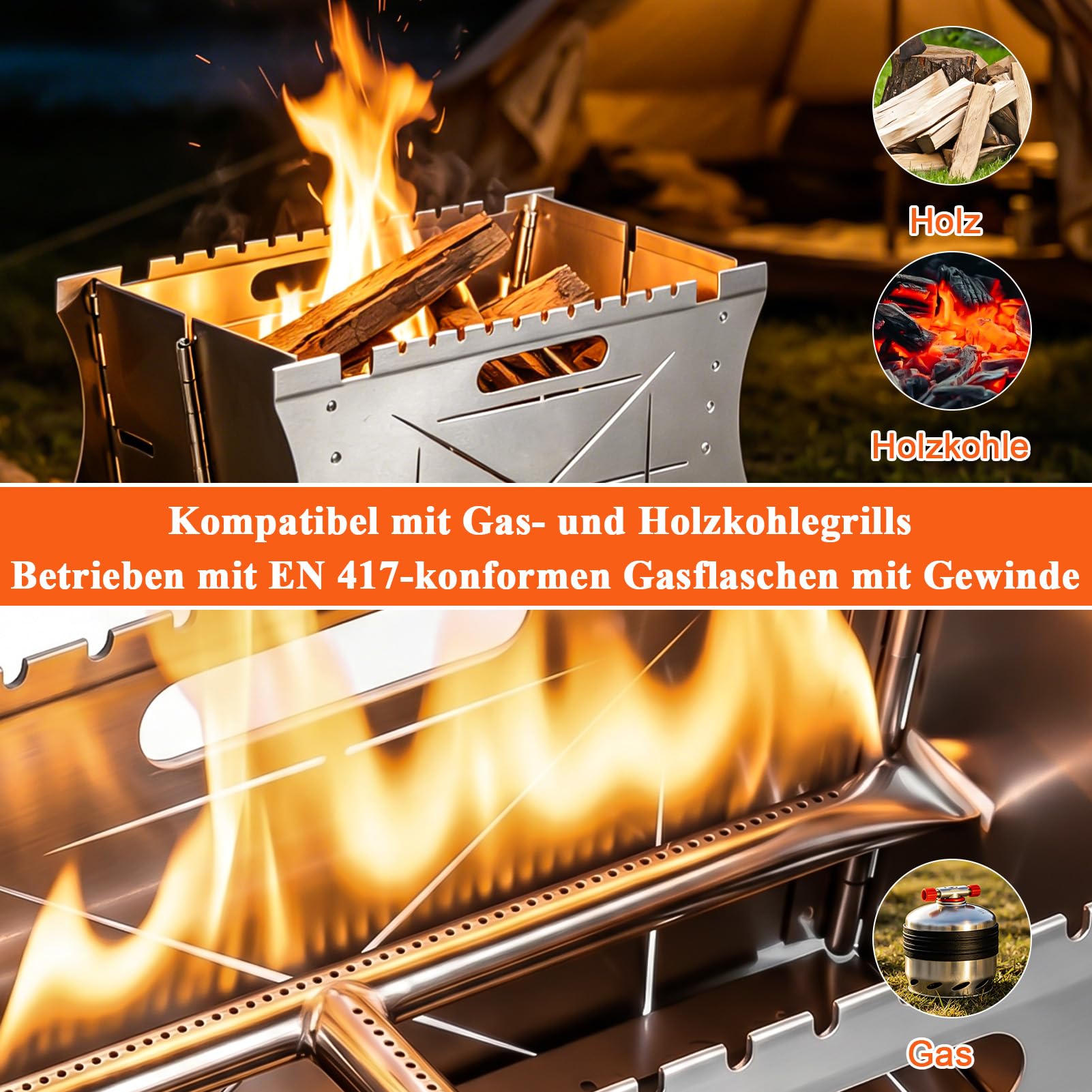 Grill Gas - 26.5×21×38cm Mobiler Gasgrill Klein, Tragbarer Edelstahl Campinggrill | Gas & Holzkohlebetrieb - Faltbarer Campingkocher Propangas-Grills mini für Camping, Balkon, Garten, Outdoor