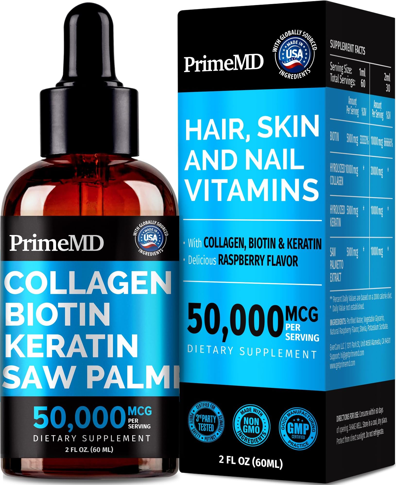 Liquid Collagen Peptides for Women - Serum Complex with Biotin Vitamin, Hydrolyzed Keratin Protein and Saw Palmetto - Comprehensive Formula for Hair, Skin, and Nails Wellness - 2fl oz (Pack of 1)