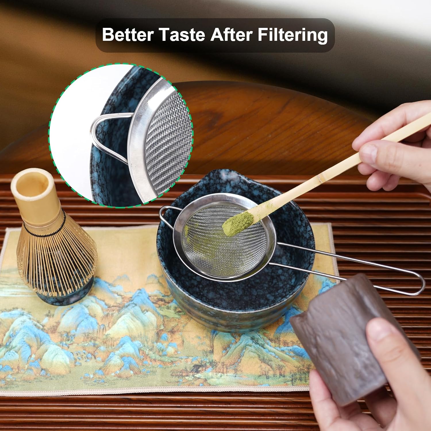 HMAZAE Matcha Whisk Set, 8pcs Matcha Set Ceremonial Grade Macha Kit Includes Bowl with Spout/Chashen Holder/Bamboo Whisk/Bamboo Scoop/Spoon/Sifter, Ideal Gift for Macha Lovers to Enjoy Making Tea