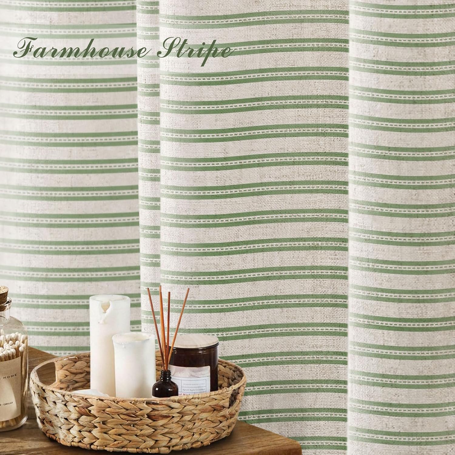 Sage Green Linen Shower Curtain,Horizontal Stripe Bath Curtain,Rustic Farmhouse Bathroom Decor,Vintage Cottagecore Boho Style 72x72 Inches