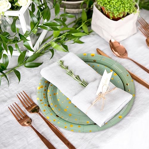 Miniatura 6 de Whaline Juego de 175 platos de color verde salvia, tazas y servilletas, suministros para fiesta, color verde salvia y puntos dorados, juegos de