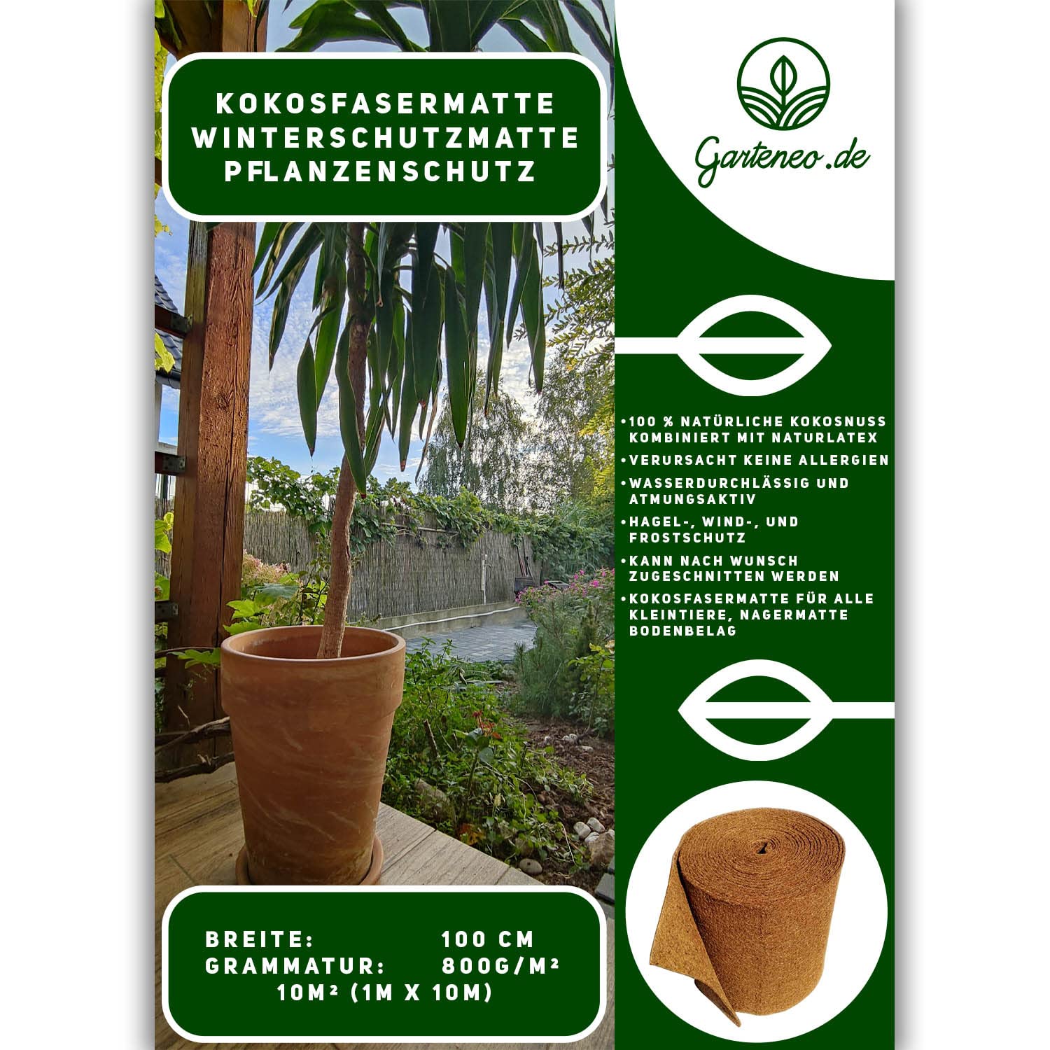 Kokosfasermatte Winterschutzmatte Pflanzenschutz Kokosmatte Frostschutz 100% Biologisch Witterungsbeständig Abbaubar 800g/m2 (1mx10m)