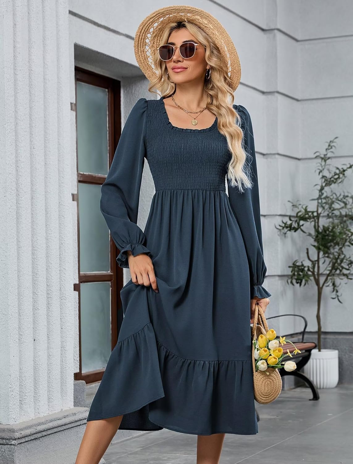 ZAFUL Womens 2025 Fall Square Neck Smocked Dresses Long Puff Sleeve Casual Flowy A Line Tiered Midi Dress - Image 2