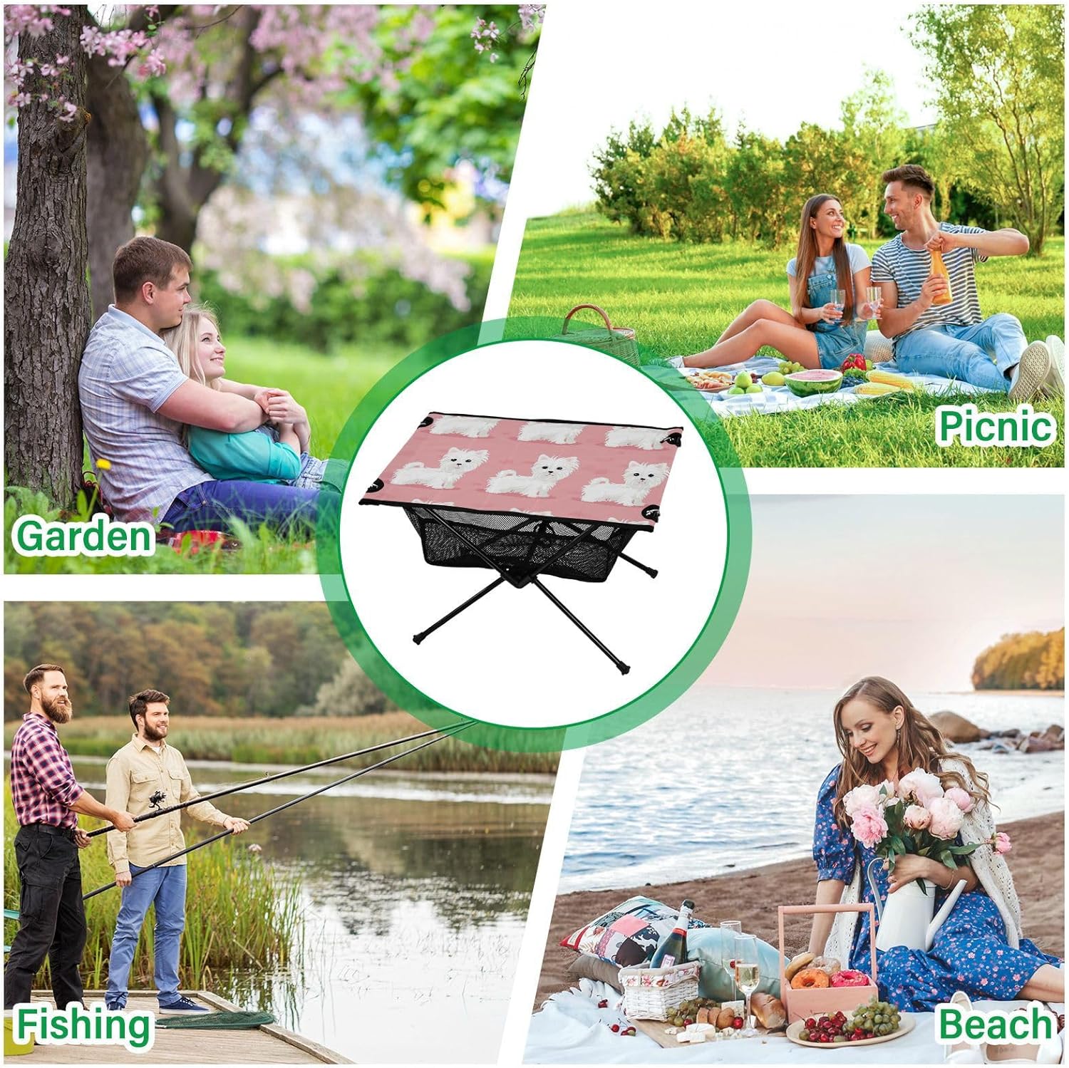 Foldable Outdoor Table Cartoon Puppy Compact Oxford Picnic Table with Carry Bag for Sand Outdoor Picnic