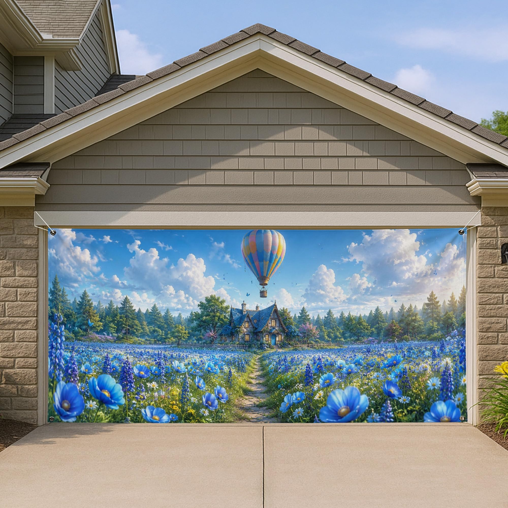 Housse de porte de garage motif floral bleu pour célébrer la douceur du printemps en famille