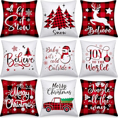 Hosuly 9 fundas de almohada de Navidad de 18 x 18 pulgadas, fundas de almohada navideñas para el hogar, árbol de Navidad, fundas de almohada para el