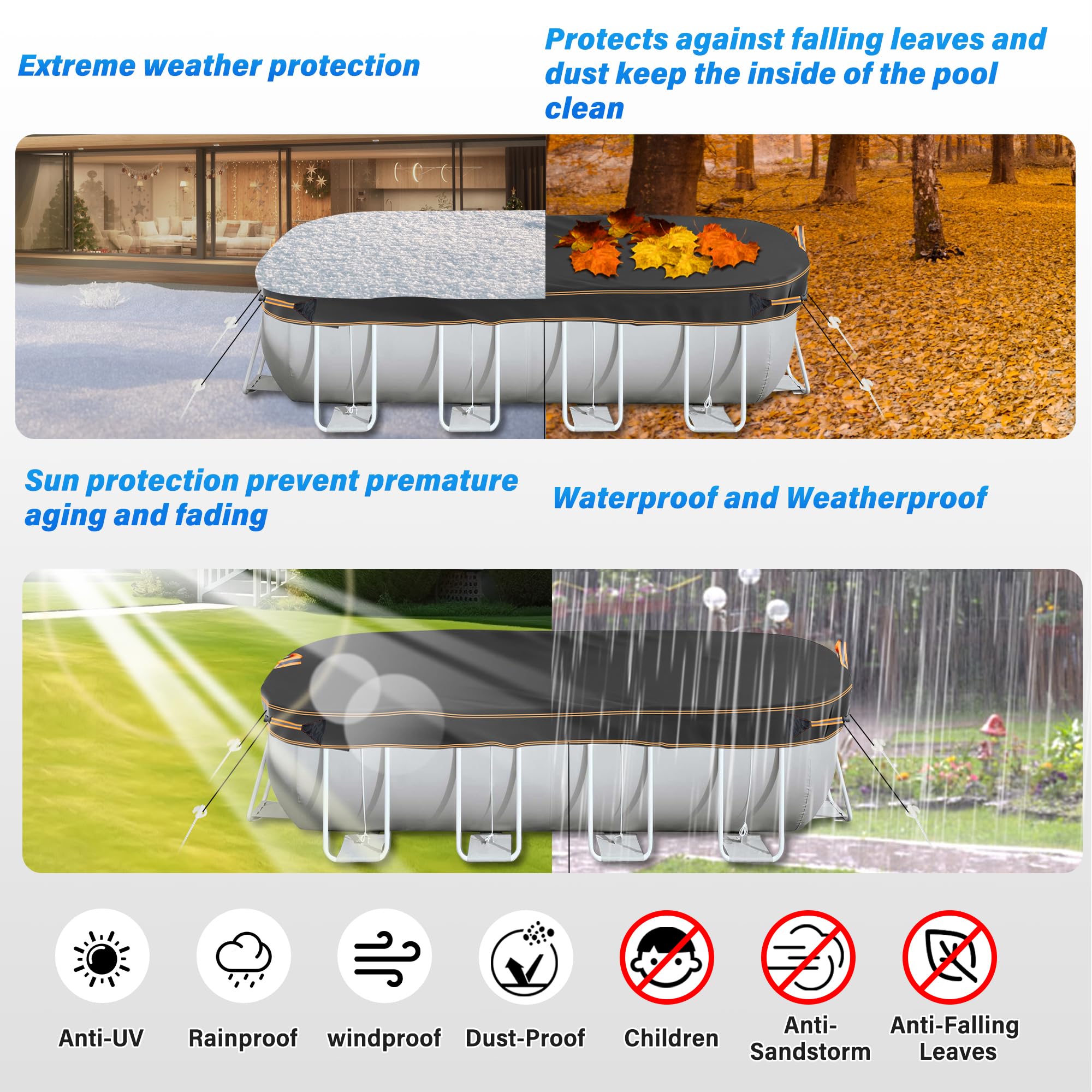 Copertura per piscina rettangolare di alta qualità, nera con finiture arancioni, protezione resistente per piscine fuori terra, resistente alle intemperie, 2,7 x 4,3 m