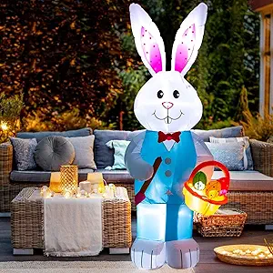 8FT Easter Inflatable Basket Eggs and Bunny- Cute Fun Holiday Blow up Party Decorations for Indoor Outdoor Yard Lawn Garden Photo Prop with LED Lights
