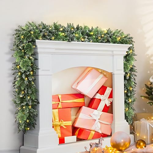 Miniatura 4 de Jin&Bao Guirnalda de Navidad de 9 pies con luces, guirnalda de piña verde preiluminada con 100 luces LED, decoraciones de Navidad con función de