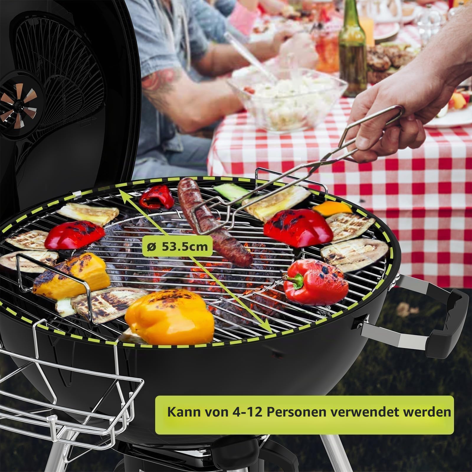 TEENO Holzkohlegrill mit Deckel, XXL Rundgrill, Aschekasten, Regulierbares Lüftungsloch, Kugelgrill, 83 cm x 71 cm x 105,5 cm – Ideal für Garten, Terrasse & Outdoor-Grillen
