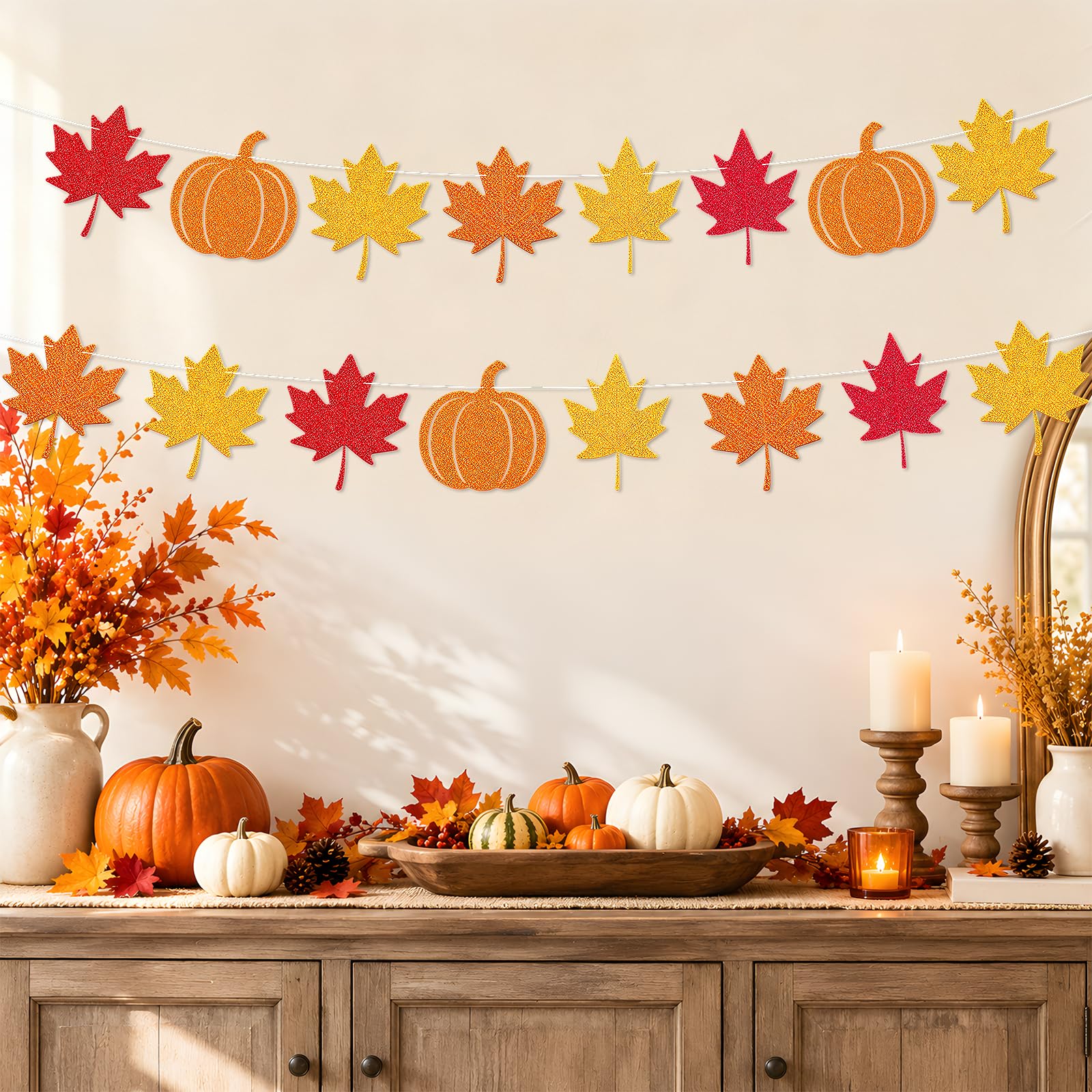 Fall Decorations,Thanksgiving Pumpkin Maple Leaf Glitter Banner
