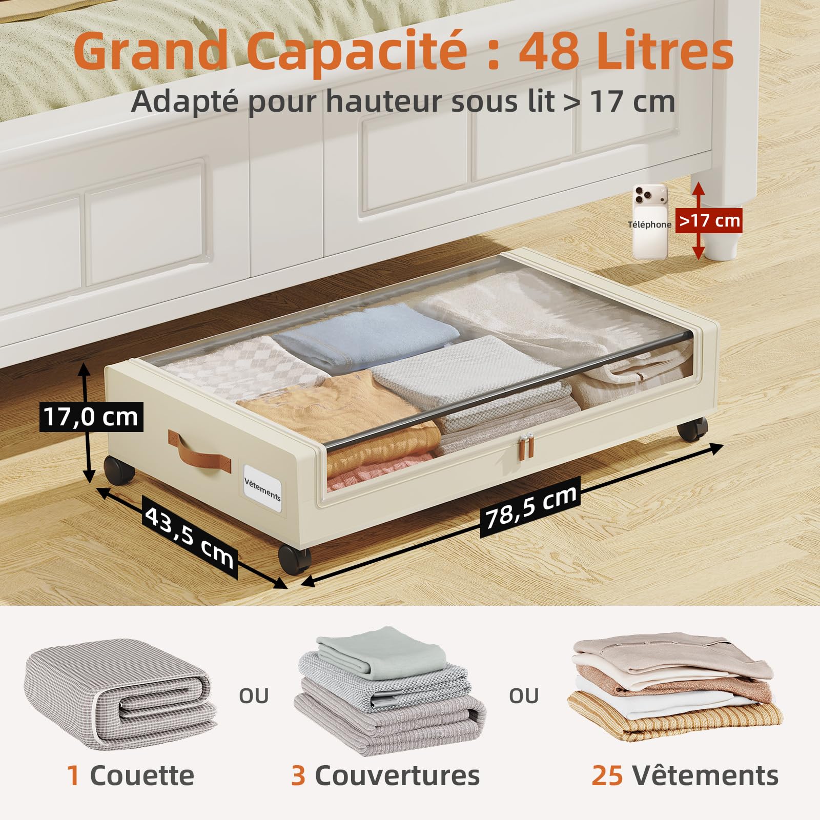 Somdot 2 Contenitori Sottoletto, Scatole Pieghevoli da 48 L con Ruote, Coperchio e Chiusura Lampo, Ideali per Vestiti, Biancheria da Letto e Scarpe, 43.5P x 78.5l x 17H, Beige