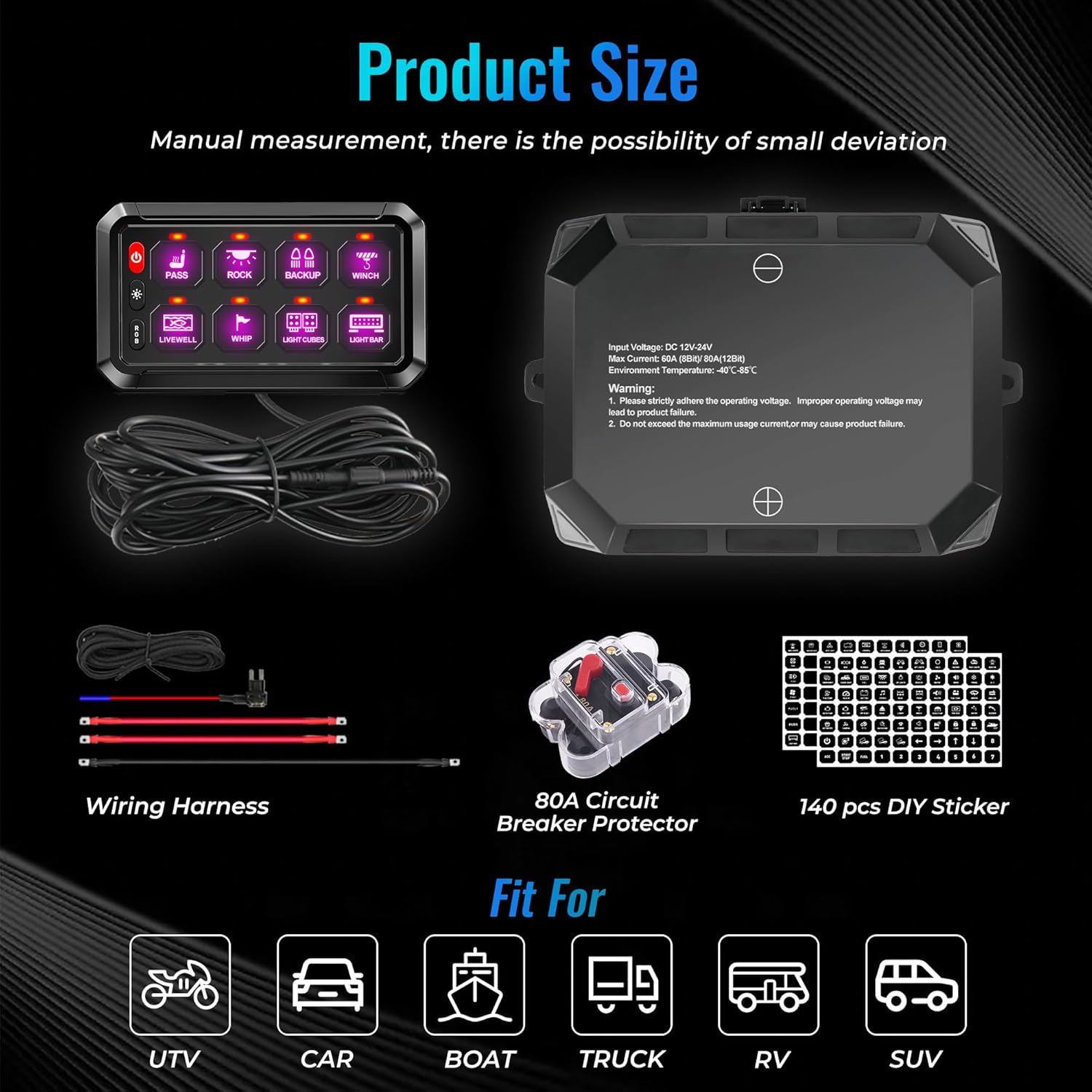RGB 8 Gang Switch Panel,12-24V Bluetooth APP 230FT 433MHZ Long Range, Auxiliary Backlit Off Toggle Flash Multifunction Toggle Switch Momentary Circuit Control Relay System Box Universal for Car