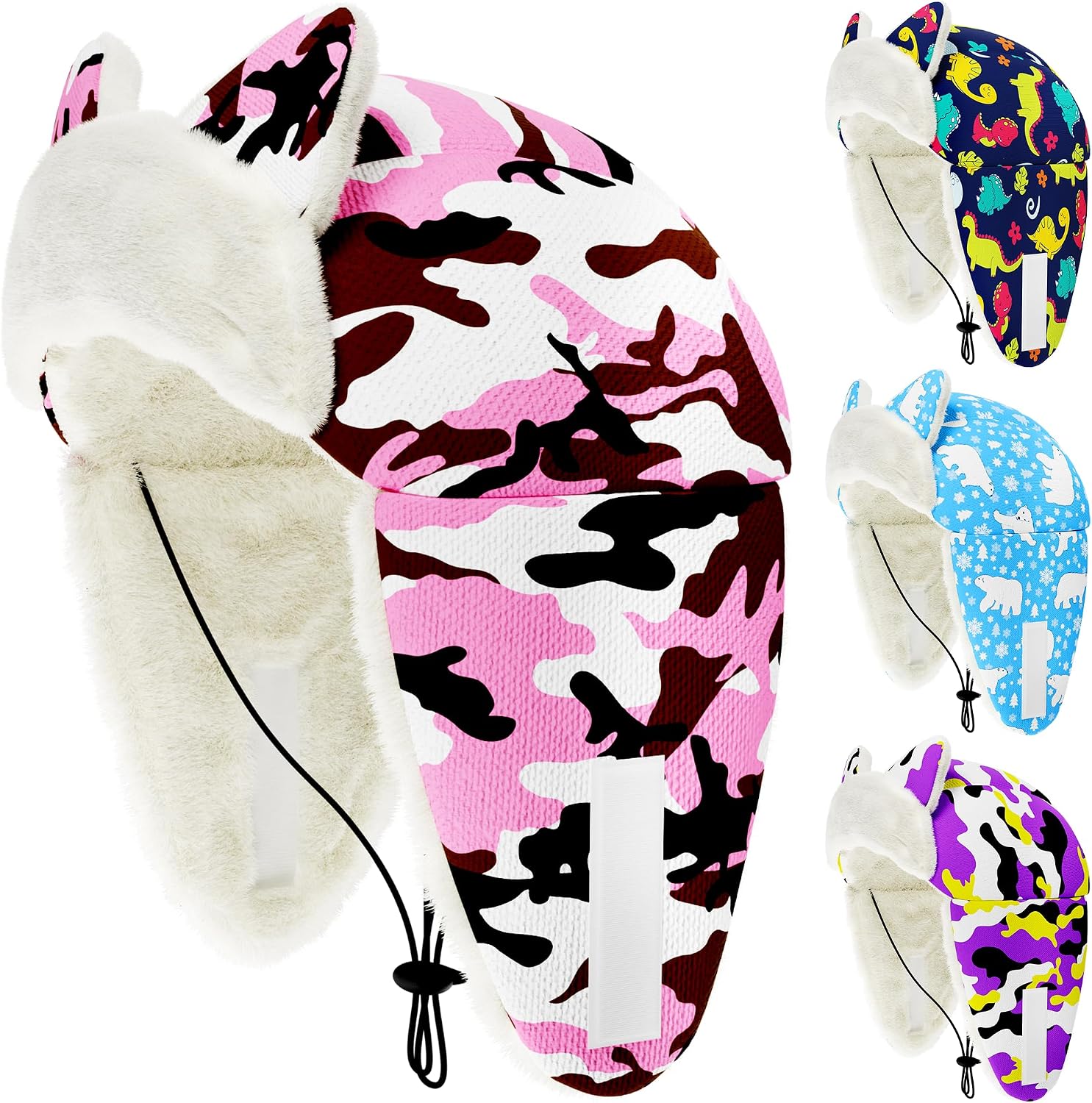 Dog Winter Hats for Medium Dog Girl Trapper Hats with Ear Cover Soft Fleece with Adjustable Elastic Cord Pink Camo M