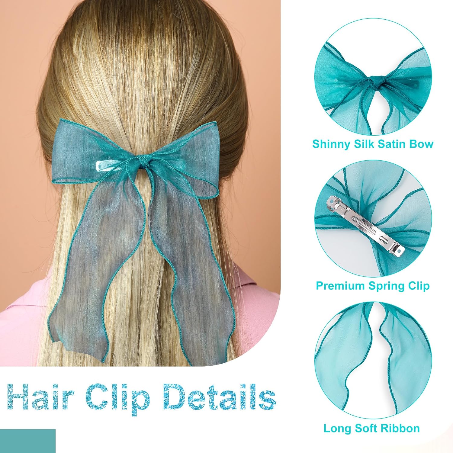 2Pcs Large Hair Bow Clips, Lake Blue Silk Yarn Ribbon Hair Barrette image 4