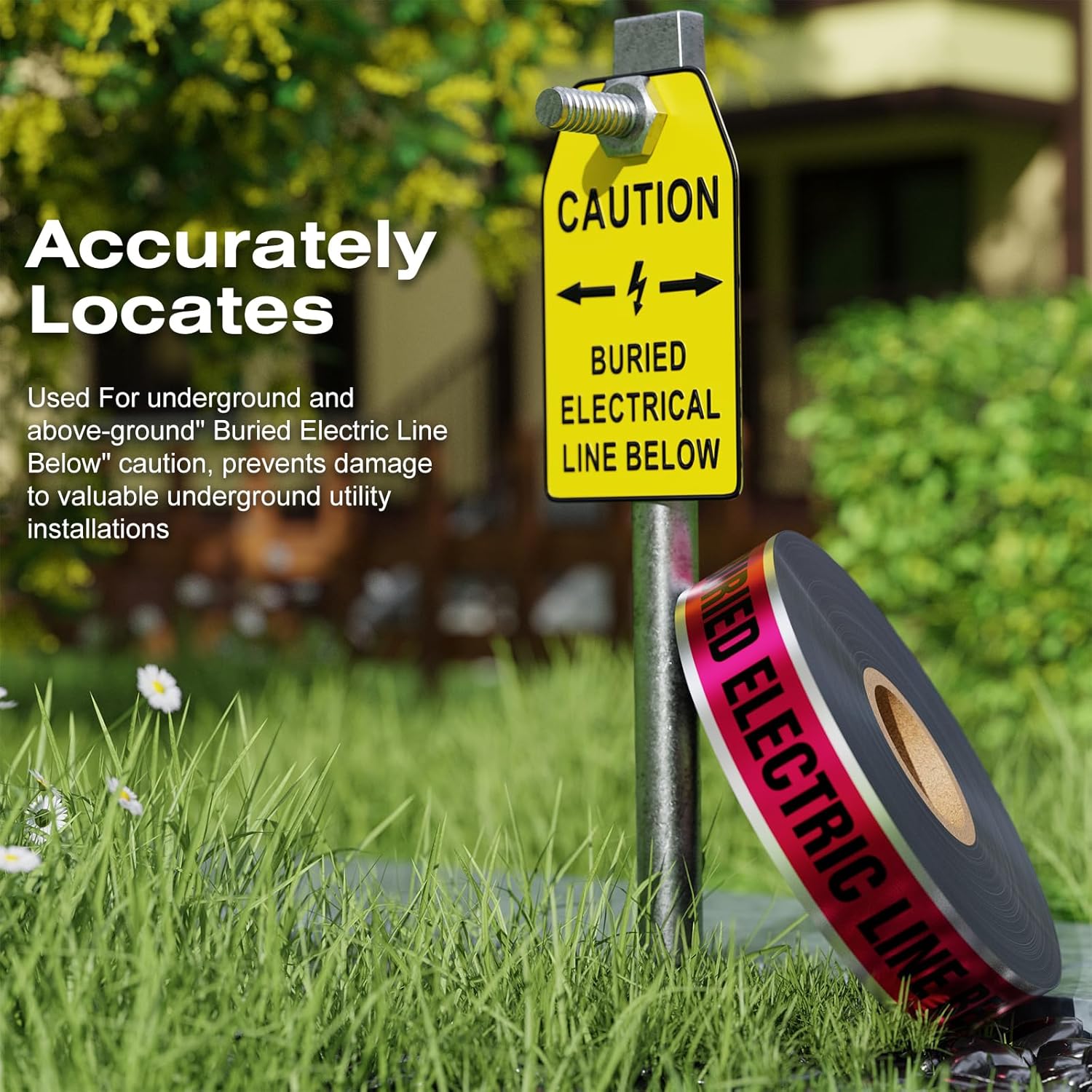 2 Roll x 1000 Feet Caution Buried Electric Line Below Red/Black Print Safety Tape with Above-Ground Caution Tag, 2 Inch x Foot 5 Mil (2 Roll 1000 feet Caution Buried Electric Line Below)