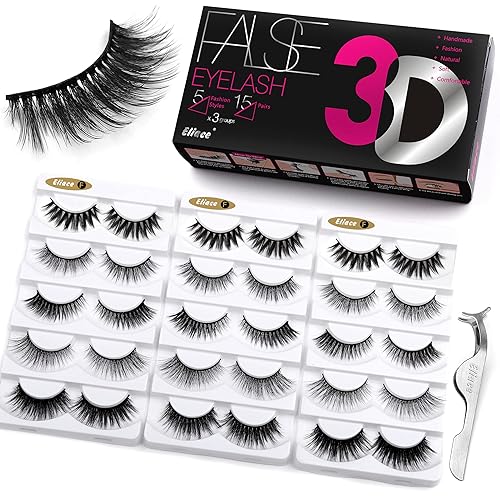 Eliace Pestañas de 5 estilos, 15 pares de pestañas de visón de seda, mezcla sintética, volumen esponjoso, pestañas de ojo de gato, pestañas 3D,