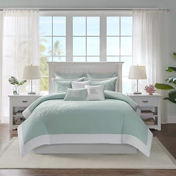 Harbor House 100% Cotton Duvet Cover, Jacquard Coastal Coral Duvet Cover Set Light Weight Bed Comforter Covers, Coastline Blue Full/Queen 90"x90" 3 Piece