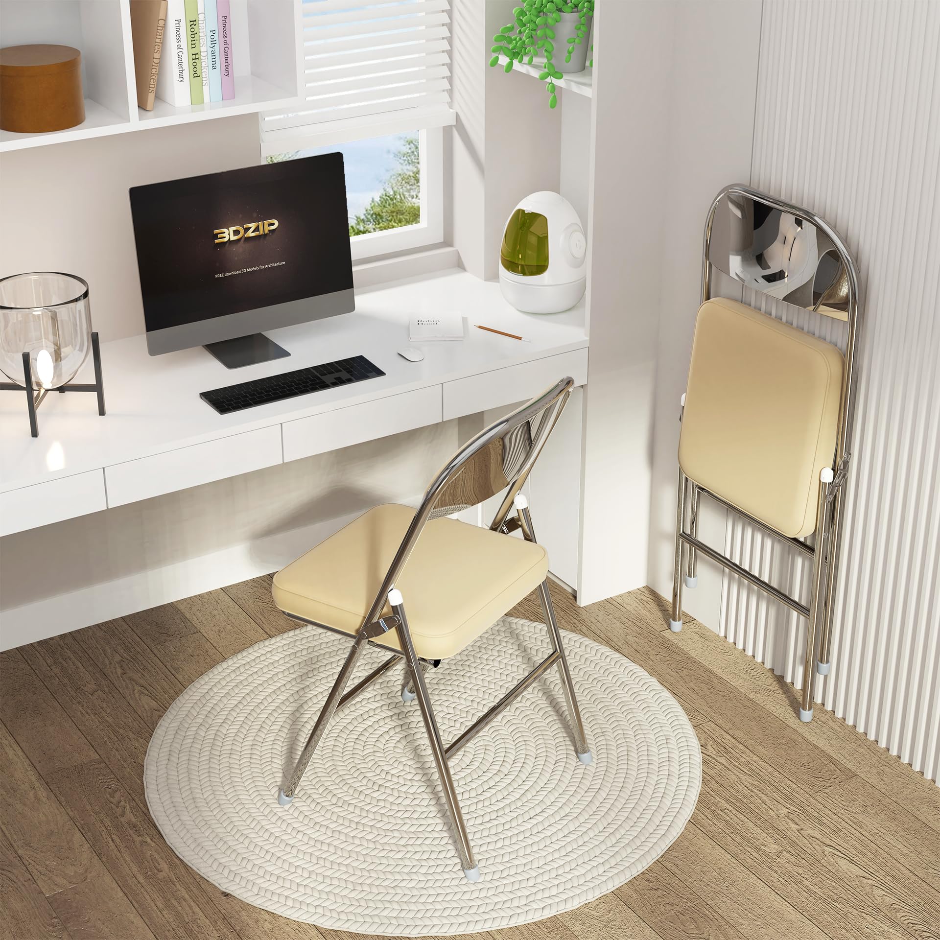 6Pcs Comoda sedia pieghevole da cucina sedie pieghevoli in pelle sedia per visitatori con cuscino spesso sedie da pranzo pieghevoli per cucina, interni, esterni, sala conferenze Beige