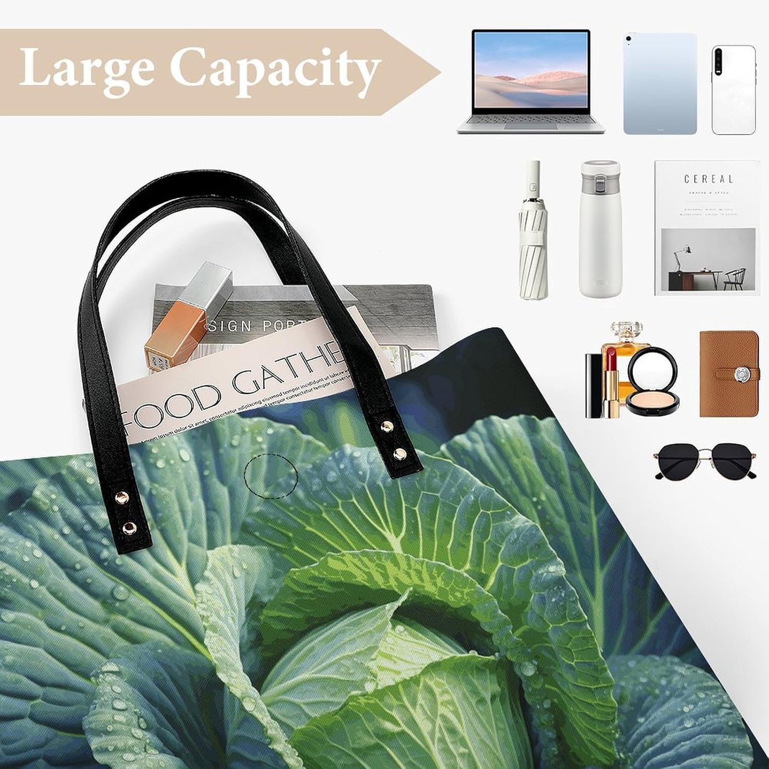 Bright Cabbage Handbags Large Capacity, Tote Bag Stylish Slouchy, Shoulder Bags for Work Beach Travel And Shopping Grocery.