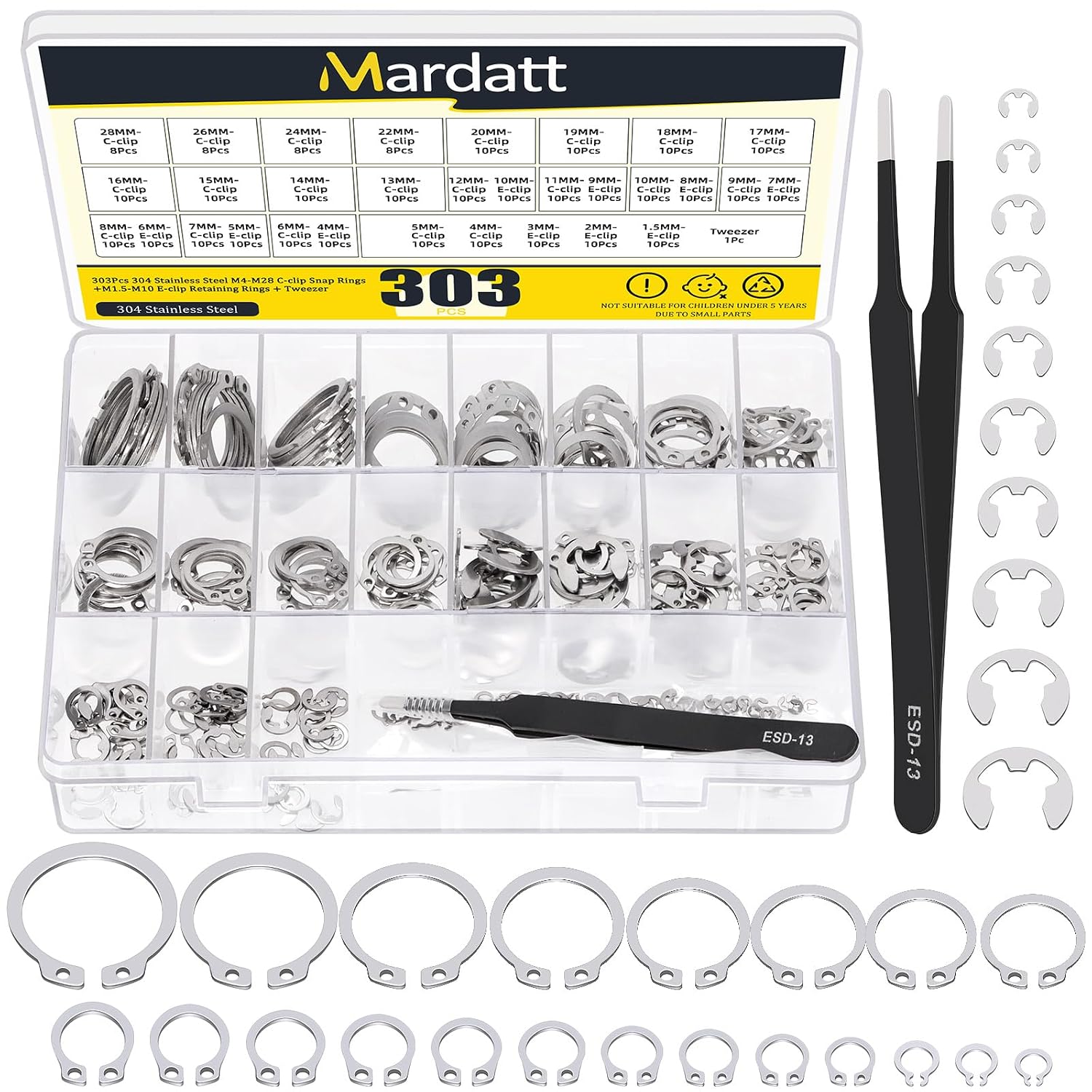 312Pcs 21 Sizes C-clip External Retaining Rings Snap Rings Assortment Set(M4-M28) with 10 Sizes E-Clip Retaining Rings Assortment Set(1.5mm-10mm), 4 in 1 Snap Ring Pliers and Tweezer