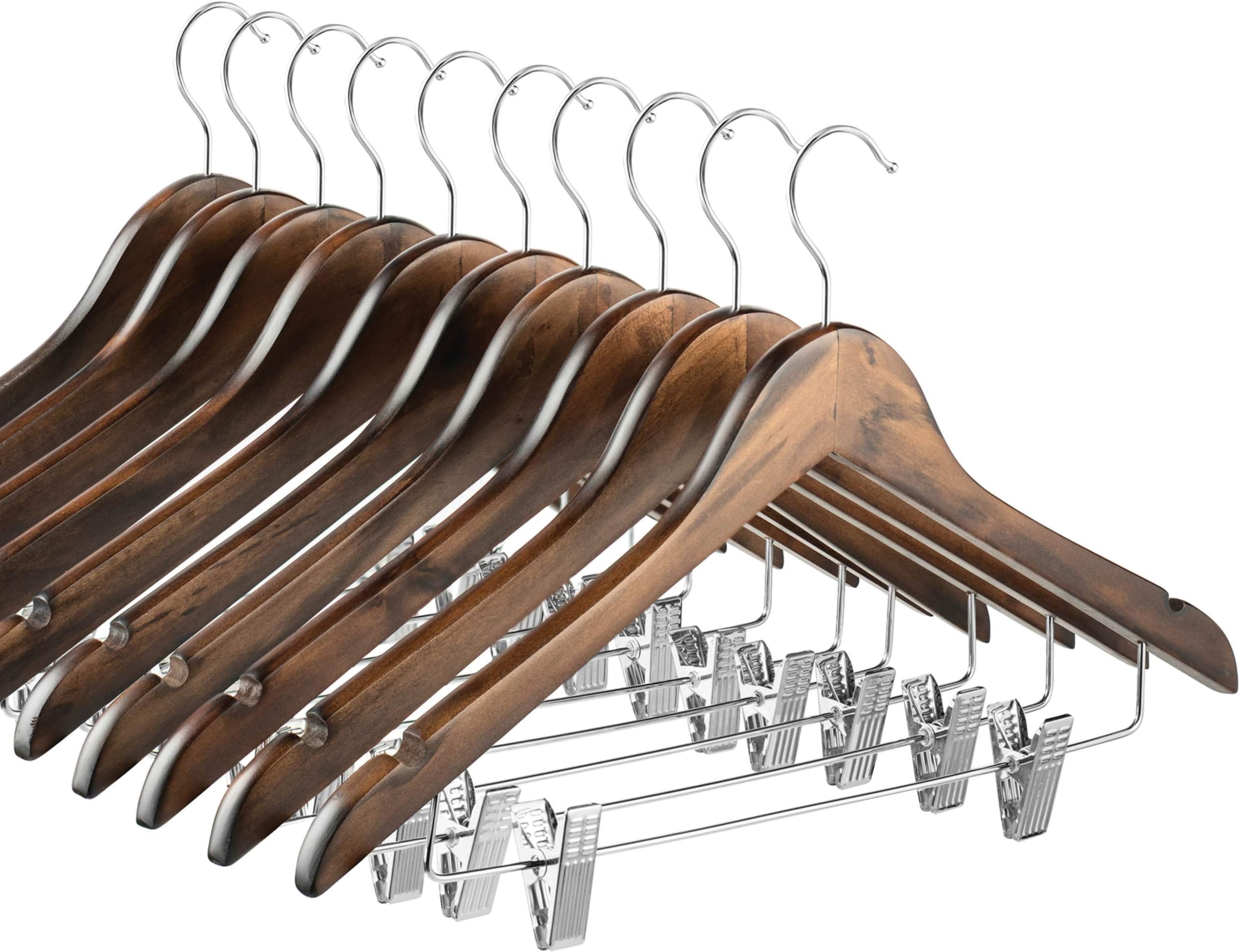 ZOBER High-Grade Wooden Suit Hangers Skirt Hangers with Clips (10 Pack) Smooth Solid Wood Pants Hangers with Durable Adjustable Metal Clips,360ÂSwivel Hook, Shoulder Notches for Dress Coat,Jacket