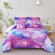 PERFEMET Galaxy Pink Twin Comforter Set, Constellation Print Girls Bedding Set 6 Pieces, 3D Colorful Tie Dye Ombre Girls Bed in A Bag Kids Bedding Set with Sheets, Comforter and Pillowcases