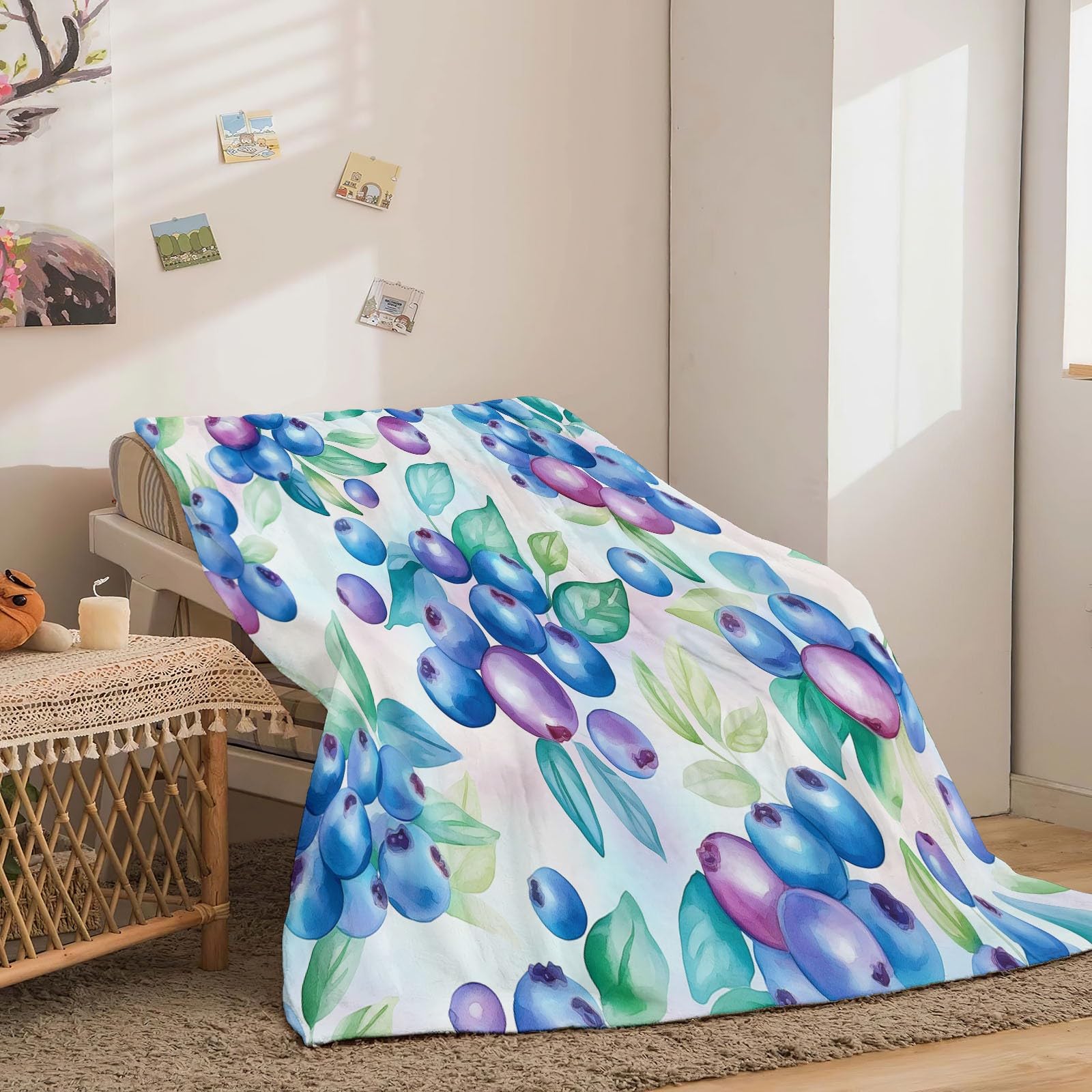 Manta Estampada 220 X 240 cálida Manta acogedora sofá Mantas Mantas de Arándanos y Hojas Coperta Microfibra Pelosa, per Letto Soggiorno Azul