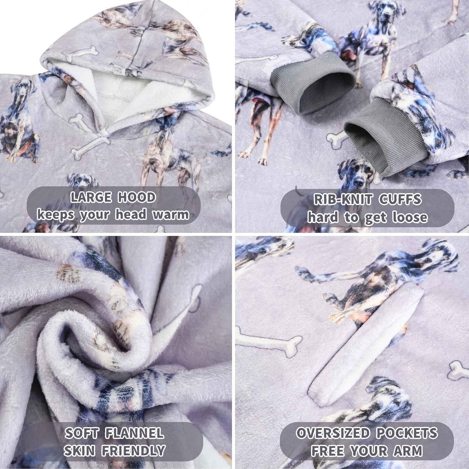 Great Dane Gifts for Dog Lovers & Dog Mom, Wearable Flannel Great Dane Blanket Hoodie with Two Large Pocket - Image 5