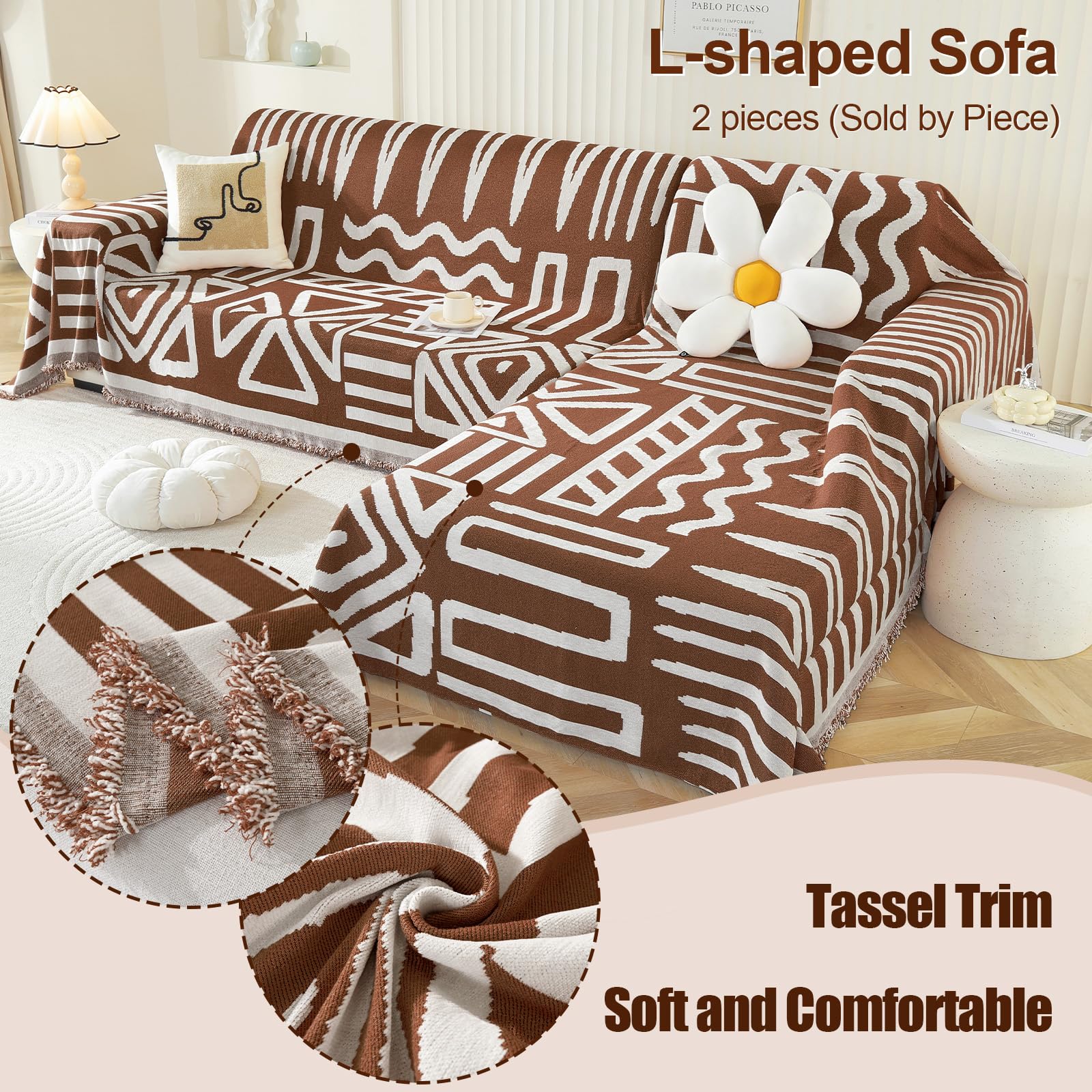 Royhom Boho Sofa Cover 3 Seater, Corner Sofa Covers L Shape, Washable Couch Cover with Tassel - Image 3