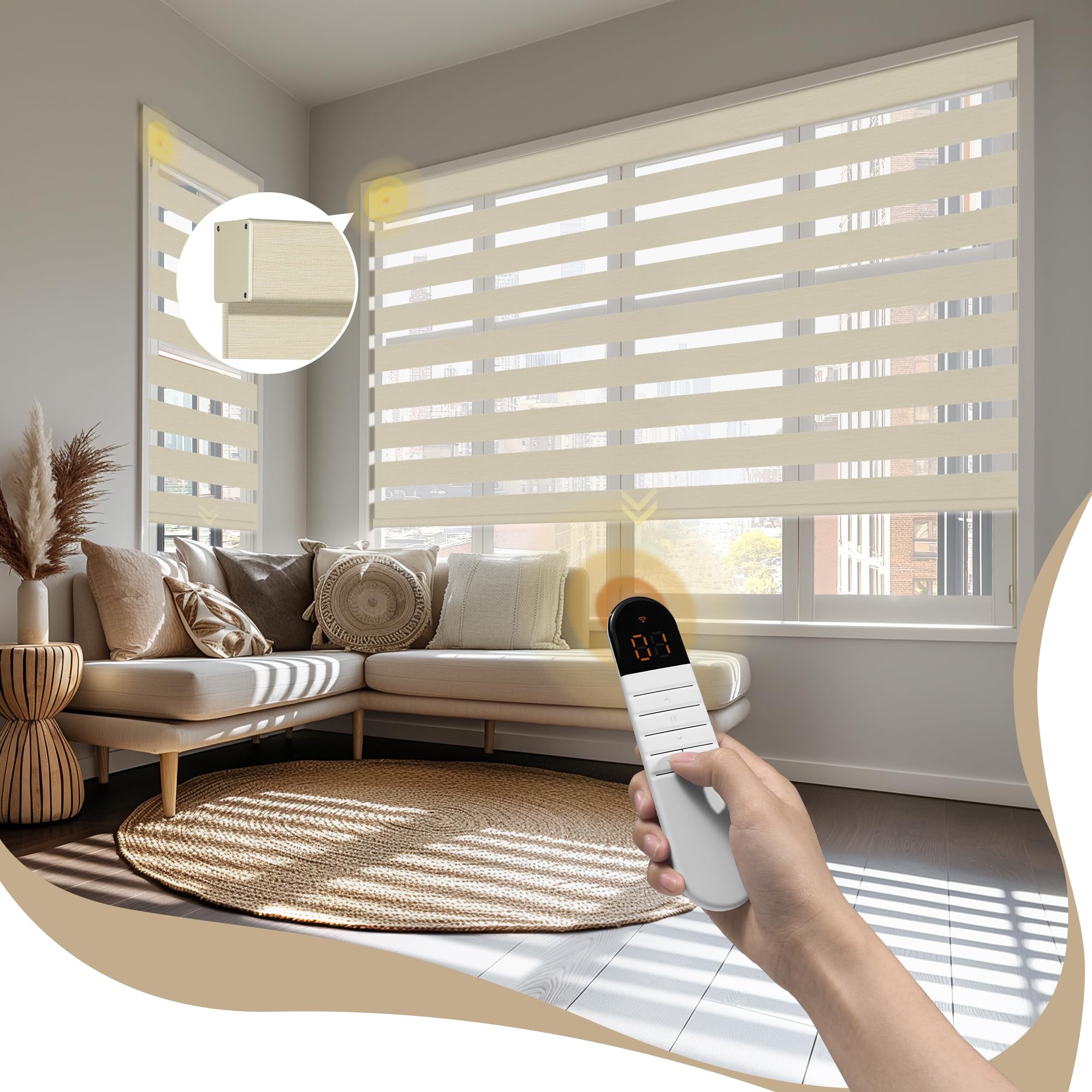 Motorized Zebra Blinds with Remote, APP, Voice Control - 95% Blackout Beige