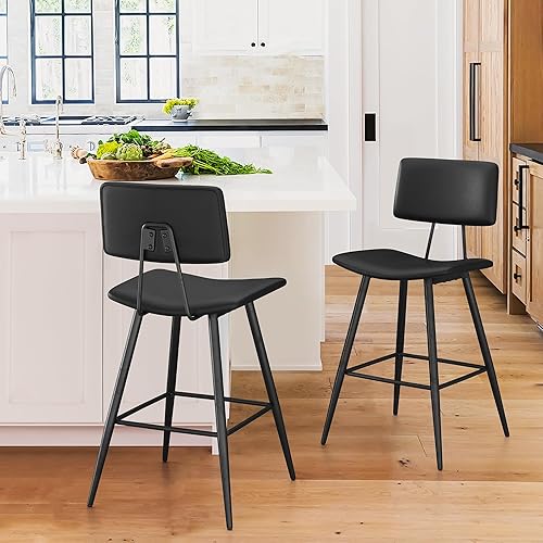 Miniatura 57 de Juego de 2 taburetes de bar de altura de mostrador de 24.5 pulgadas, taburetes de bar tapizados de piel sintética negra con reposapiés trasero y
