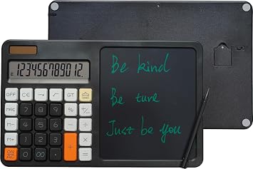 Desktop Basic Calculator with Notepad Large Buttons and Solar & Battery Dual Power, 12-Digit Display, 7.4 Erasable LCD Writing Pad for Office & Home Use, Black