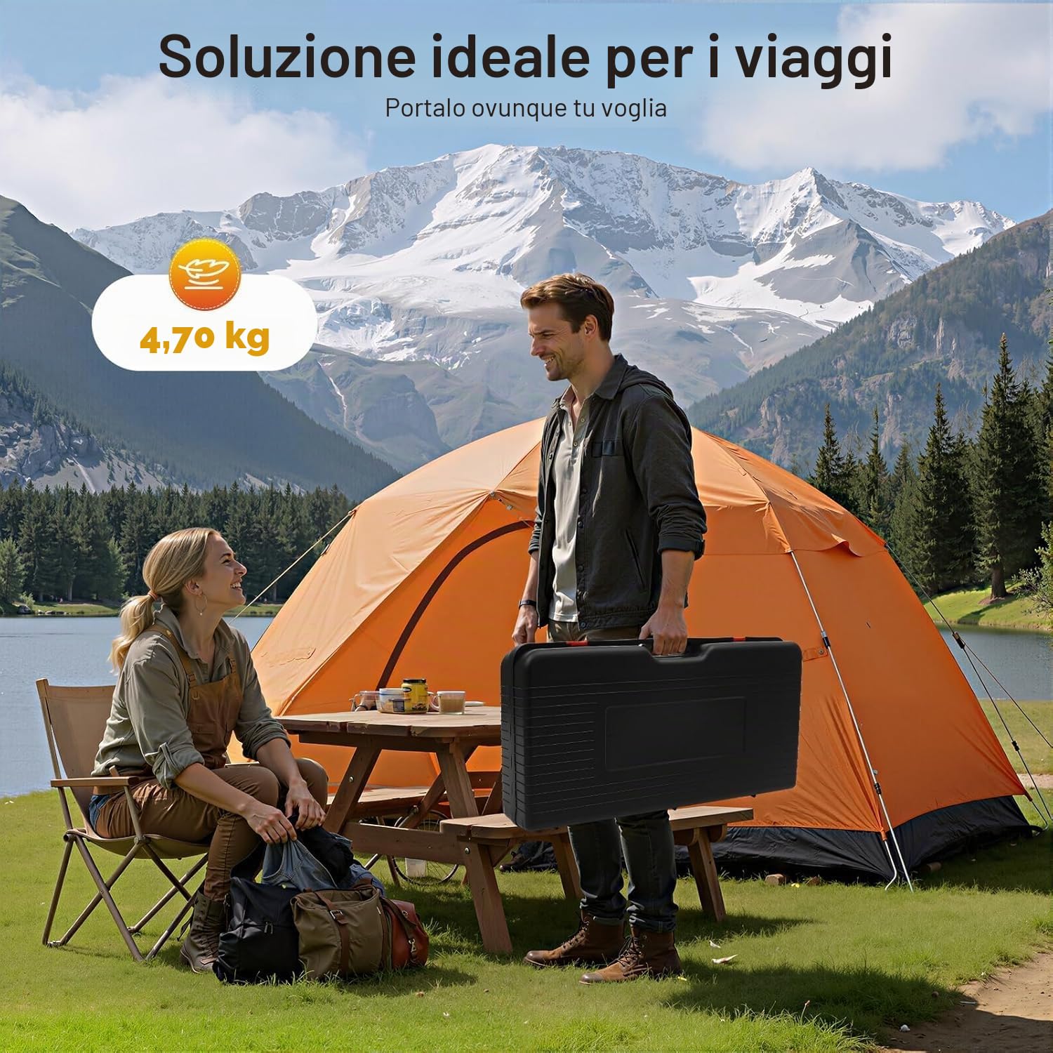 Fornello a gas da campeggio 2 in 1, 2 fuochi 2x2500W con piastra per grigliare, accensione piezoelettrica automatica e valigia per il trasporto – Fornello a gas portatile per butano/GPL, ideale per