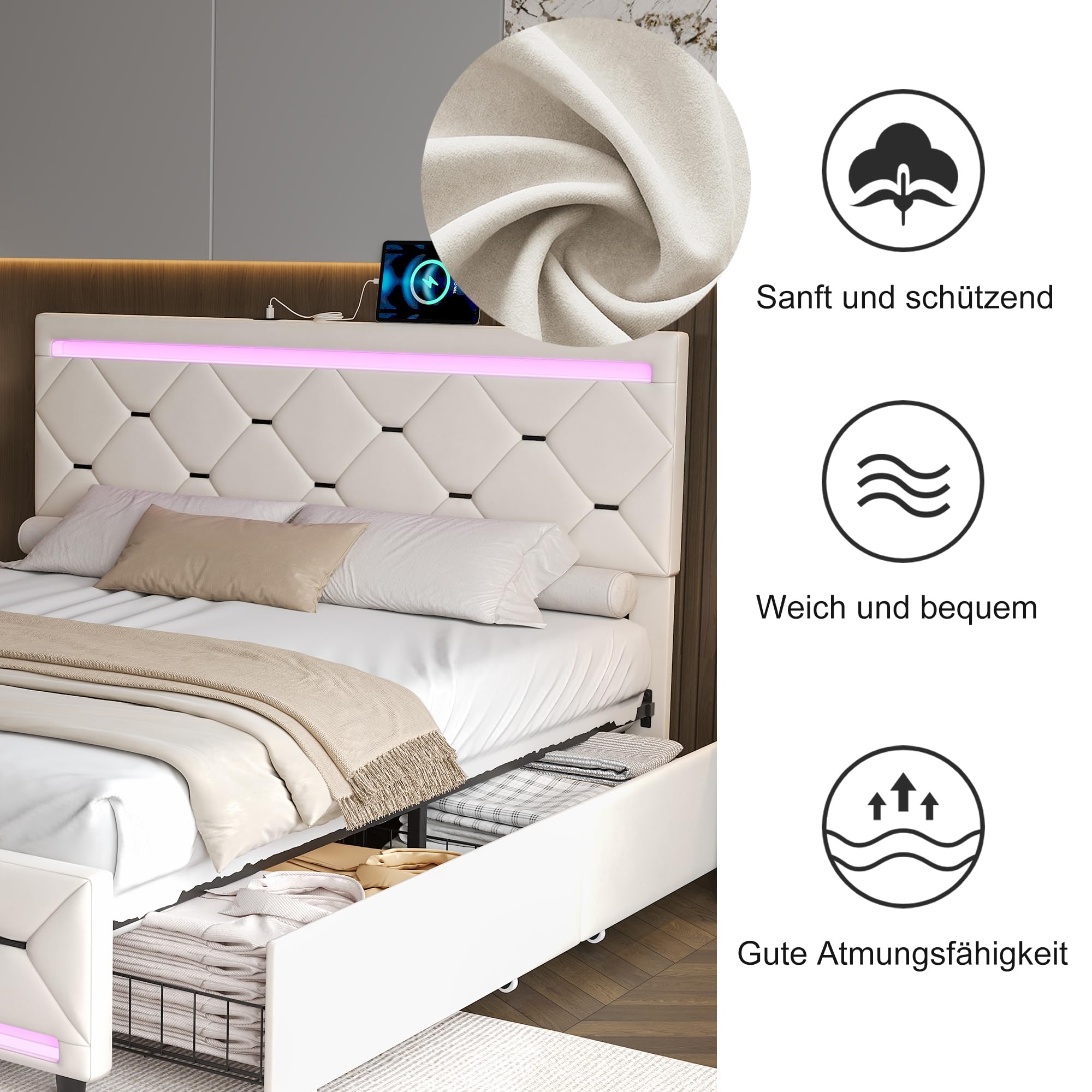 Letto Matrimoniale 160x200 cm, Letto Imbottito con 4 Cassetti, USB e LED, Struttura Letto con Rete a Doghe, Rivestimento in Velluto, Beige, Materasso Non Inclus