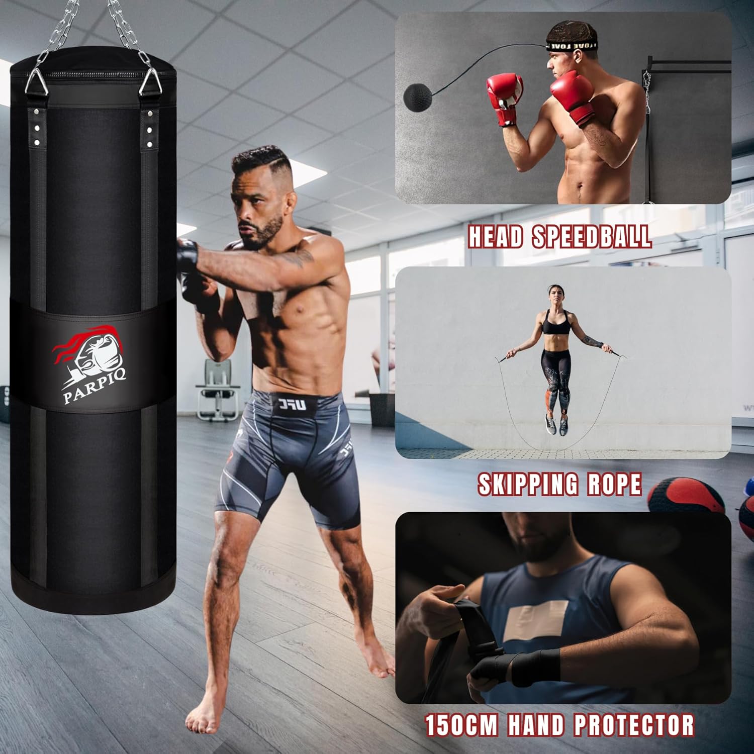 4FT Hanging Punching Bag for Adults, Unfilled Canvas Heavy Boxing Bag Set with 12oz Boxing Gloves Hand Wraps, Jump Rope, Reflex Ball for MMA Kickboxing Muay Thai Training Home
