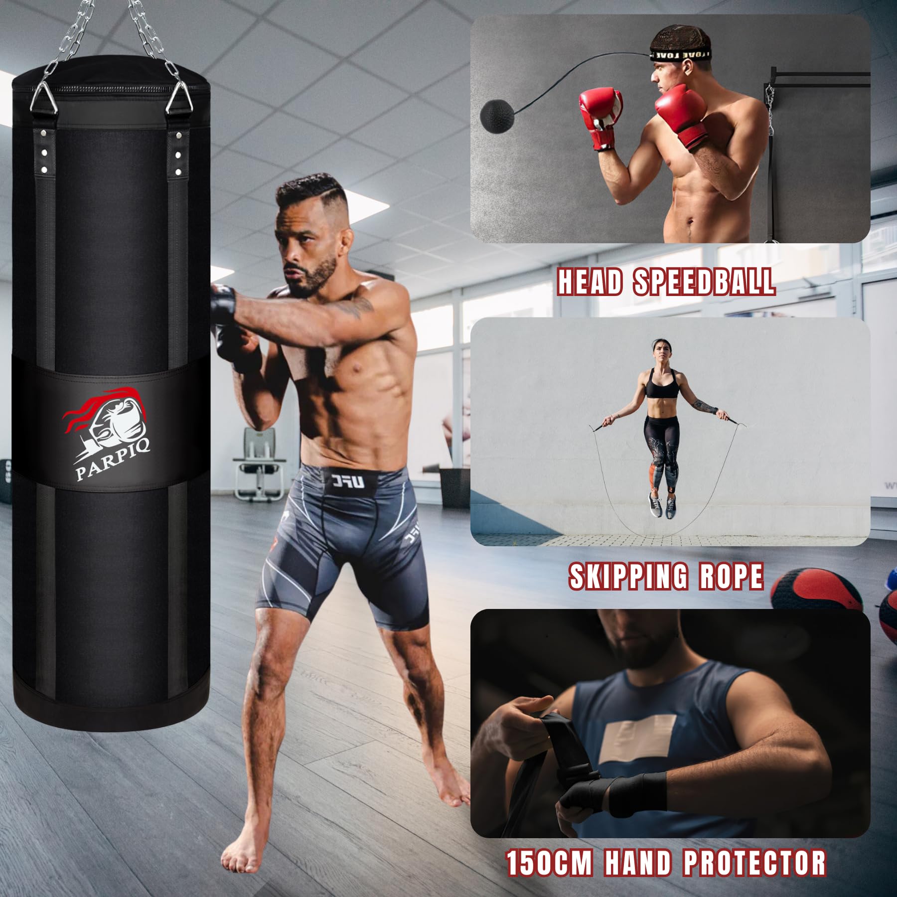 120cm Boxsack zum Aufhängen aus Segeltuch für Erwachsene | Inkl. Boxhandschuhe, Boxbandagen, Springseil & Reaktionsball | Ideal für MMA, Kickboxen und Muay Thai