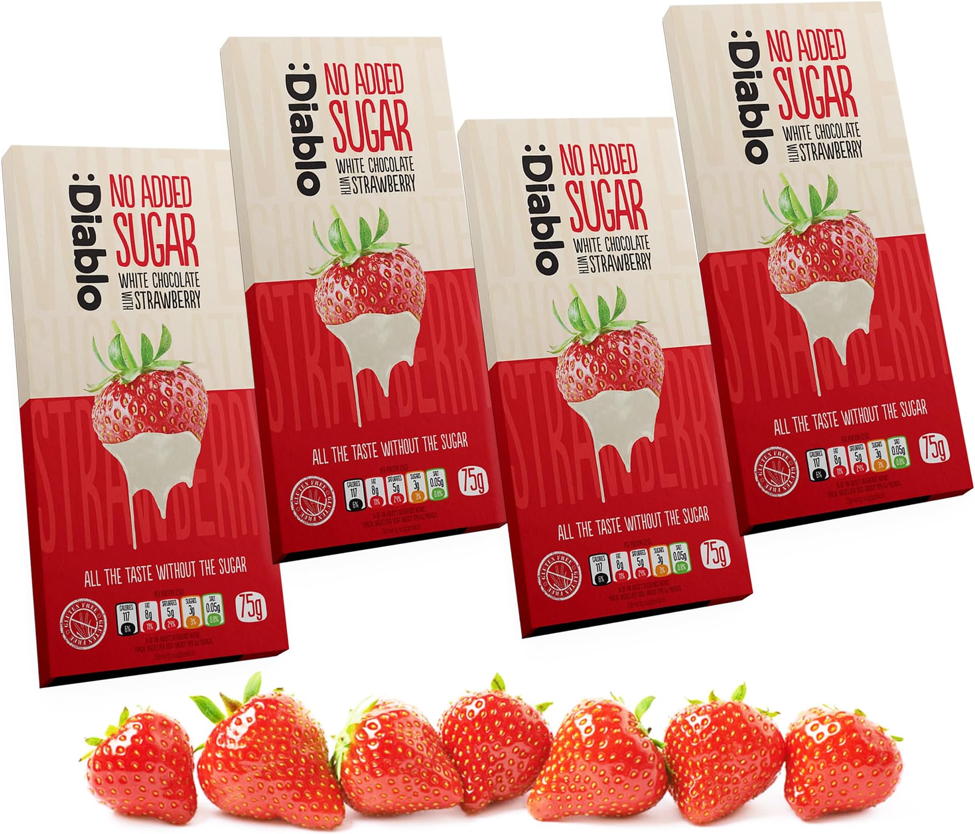 Diablo No Added Sugar White Chocolate with Strawberry – No Added Sugar Chocolate Bar Sweetened with Stevia, Gluten Free, Ideal for Any Occasion, Birthdays, Valentines, or Gift Hampers, 75g (Pack of 4)