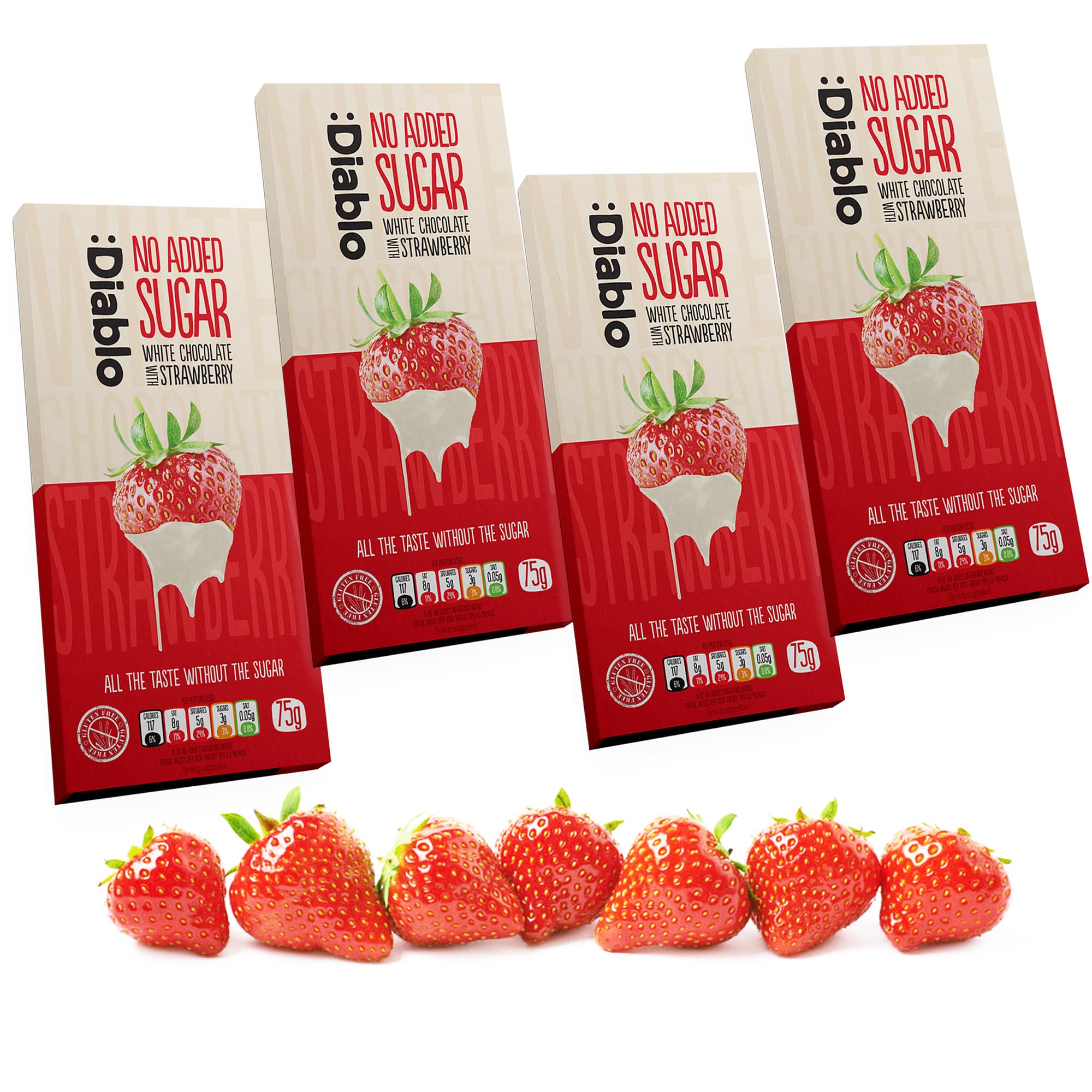 Diablo No Added Sugar White Chocolate with Strawberry – No Added Sugar Chocolate Bar Sweetened with Stevia, Gluten Free, Ideal for Any Occasion, Birthdays, Valentines, or Gift Hampers, 75g (Pack of 4)