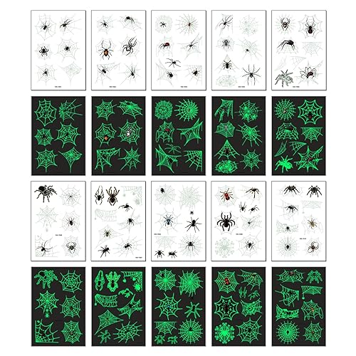 Miniatura 6 de Tatuajes temporales de araña luminosa de Halloween para niños, 10 hojas que brillan en la oscuridad, tatuajes de telaraña de Halloween para niños y