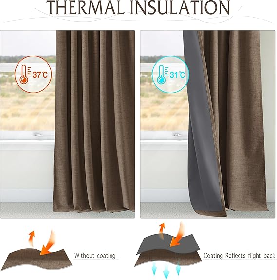RYB HOME Brown 100% Blackout Short Curtains 45 inch Length 52 Width, Light Blocking & Thermal Insulated Linen Curtains for Kitchen/RV/Bathroom/Basement Small Window, 2 Panels