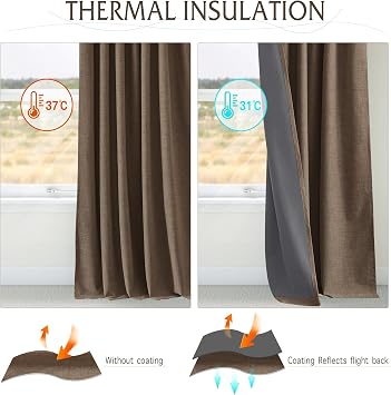 RYB HOME Brown 100% Blackout Short Curtains 45 inch Length 52 Width, Light Blocking & Thermal Insulated Linen Curtains for Kitchen/RV/Bathroom/Basement Small Window, 2 Panels
