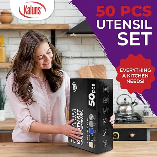 Miniatura 4 de Kaluns Juego completo de utensilios de cocina de silicona, 50 piezas, resistente al calor, antiadherentes, con asas de madera, 800 F, resistentes al