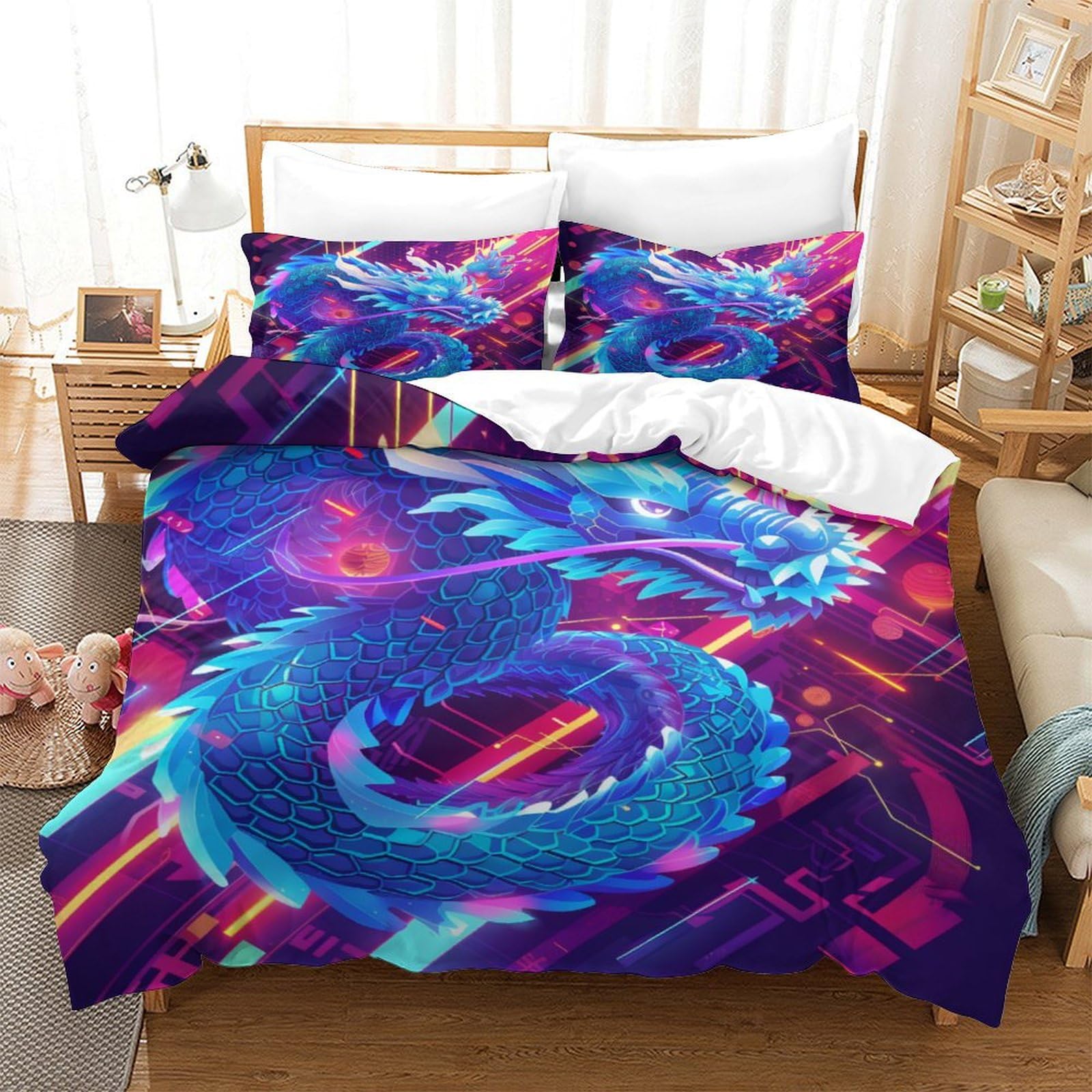 Stampato in 3D Loong cinese Copertina Stampata Microfibra Disegnata Biancheria Da Letto Con Chiusura A Cerniera Con 2 Federe,Double（200x200cm）, Per Ragazzi Adulti