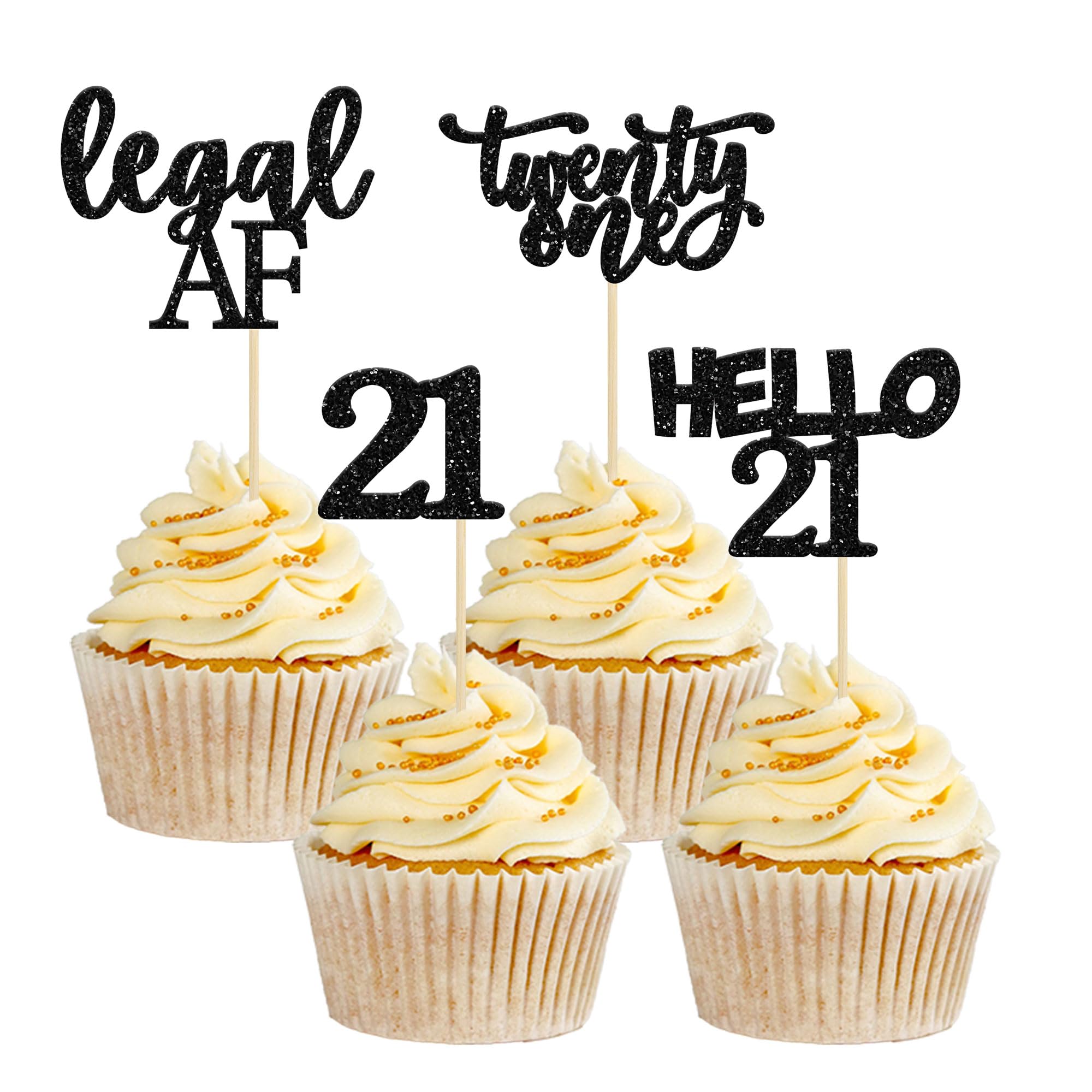 Gyufise 24Pcs Black Glitter 21st Birthday Cupcake Toppers Legal A Cake Decorations Hello 21 Twenty One Cupcake Picks for 21st Birthday Cake Decorations Supplies